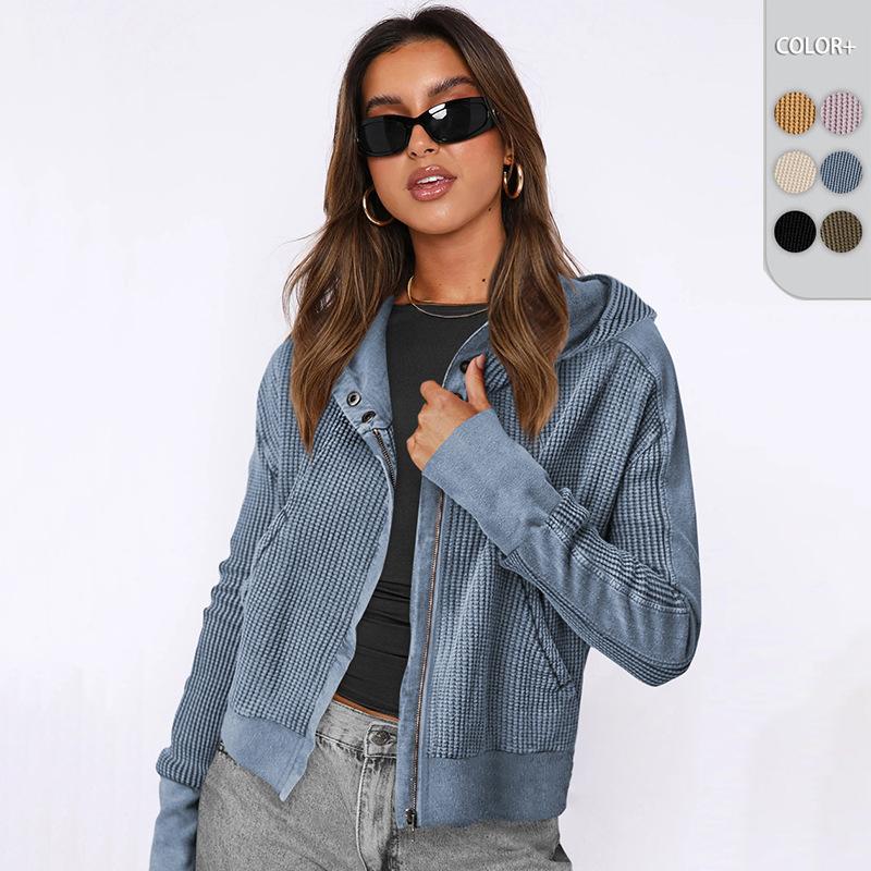 Women's Beige Knit Hooded Zip-Up Jacket with Pockets, Casual Loose Fit Pullover Coat