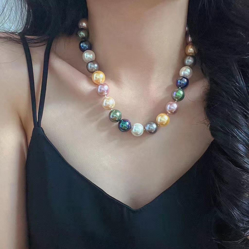 Vintage 14Mm Large Granular Colored Malachite Green Tahitian Gold Beads Australia White Beads Pearl Necklace Clavicle