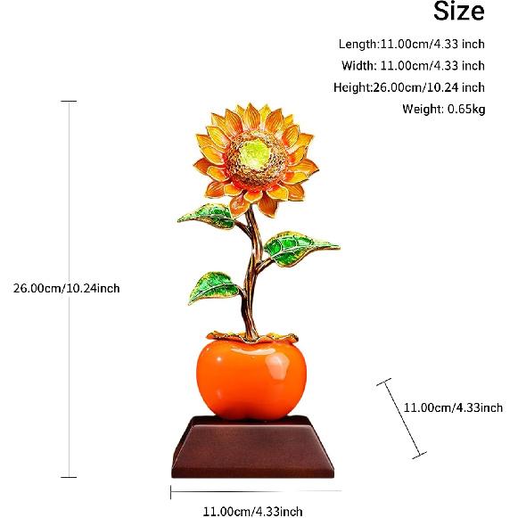 Aris & Juno Alloy Enamel Persimmon & Sunflower Sculpture, Modern Chinese Style Blessing Figurine, Wood Base for Office Desk Home Shelf Decor