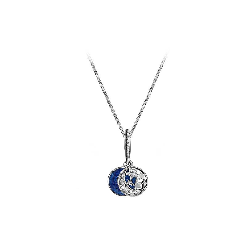 Pandora Moon And Star Pendant Necklace Set Women necklace Blue ZT0126 Box+Shopping Bag,Blue