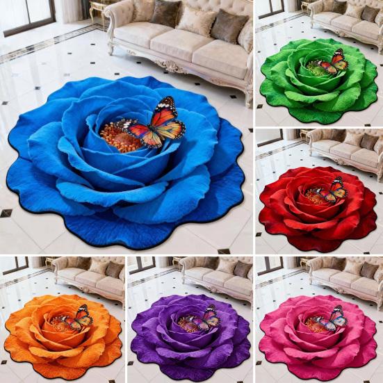 3D Flower Floor Mat Large Flower Shape Living Room Rug Realistic Floral Butterfly Floor Rug with Anti-Slip Bottom for Home Bedroom Dining Room