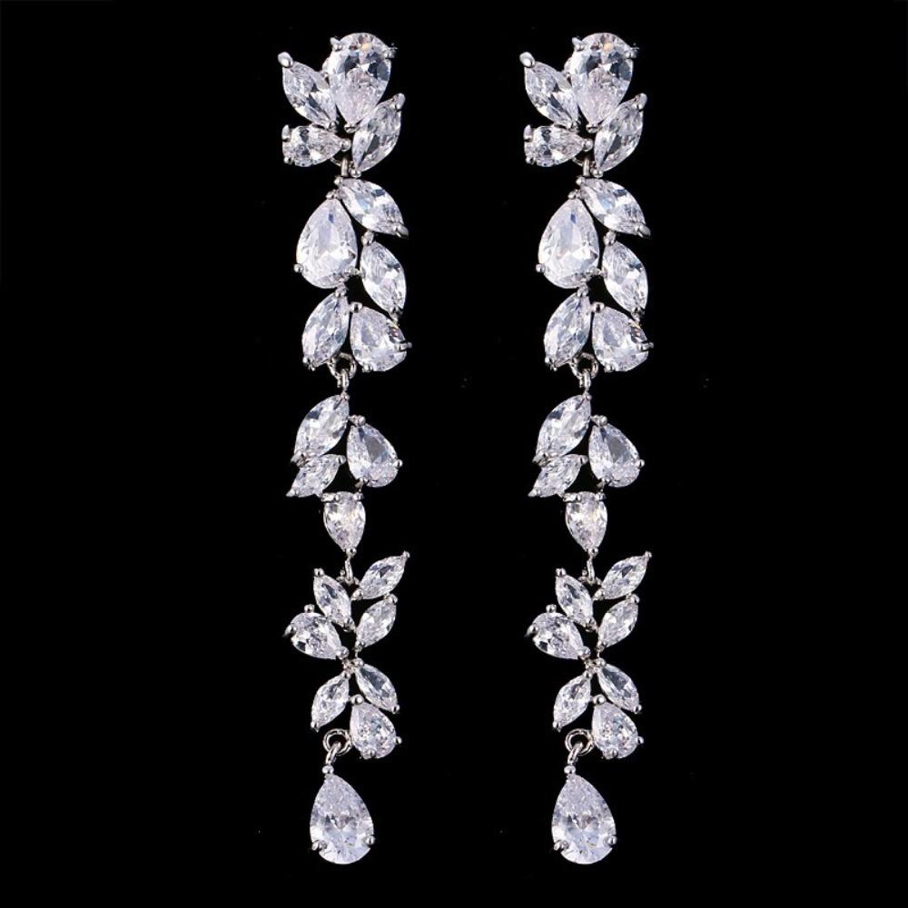 Shiny Crystal Leaf Shape Bracelet Silver Color Wristlet Plant Design Dangle Earrings  Gift Bangle