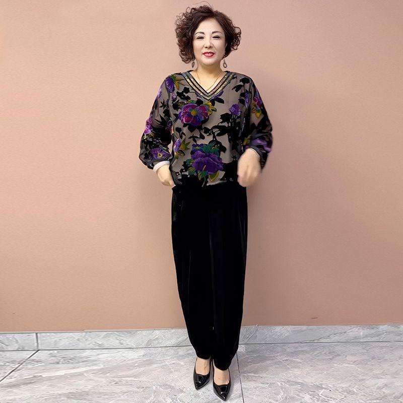 2PCS Pants Suts Spring Summer High-end Women's Velvet Plus-Size Silk Blouse Velvet Pants Two-Piece Set Loose Flocked Printed Blouse Velvet Pants Set