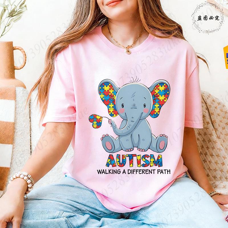 Unisex's Autism Awareness T-shirts: Cute Elephant Puzzle Graphic Tops Walking A Different Path Short Sleeve Autism Support Tees