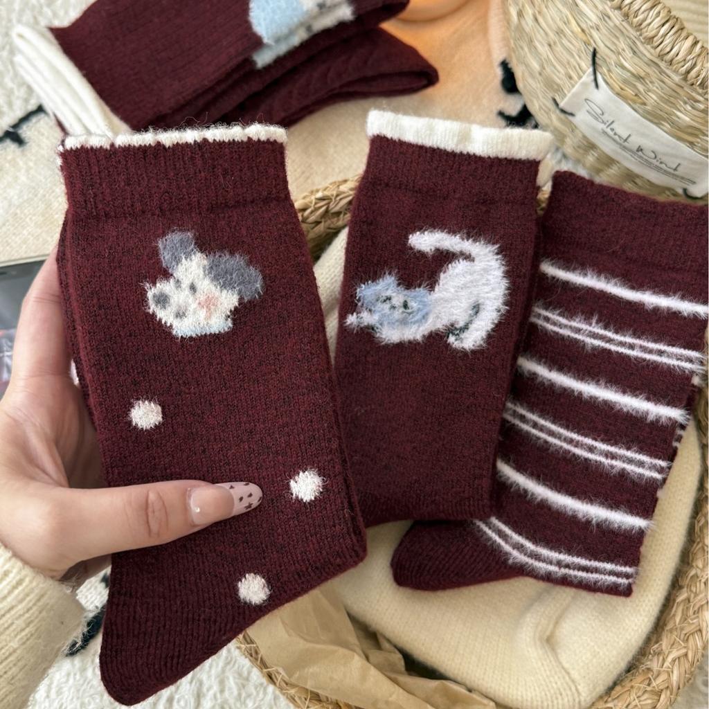 New Year'S Red Socks Mid-Leg Socks Thickened Warm Cartoon Cat Puppy Christmas Vibe Wool Socks