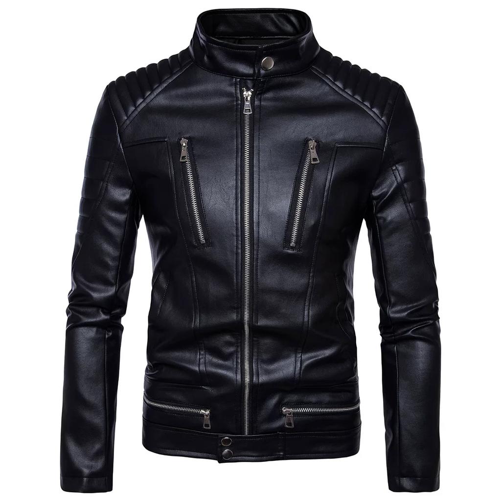 New Boutique Punk Men's Locomotive Multi-Zipper Leather Jacket Motorcycle Leather Jacket B