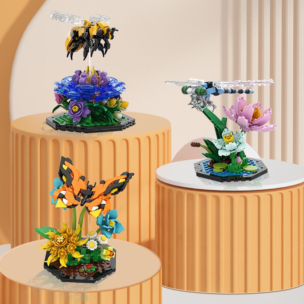 Gobricks MOC Honeybee Butterfly Dragonfly Bricks Cute Model Bee Garden DIY Building Blocks Set Educational Toys For Kids Gift