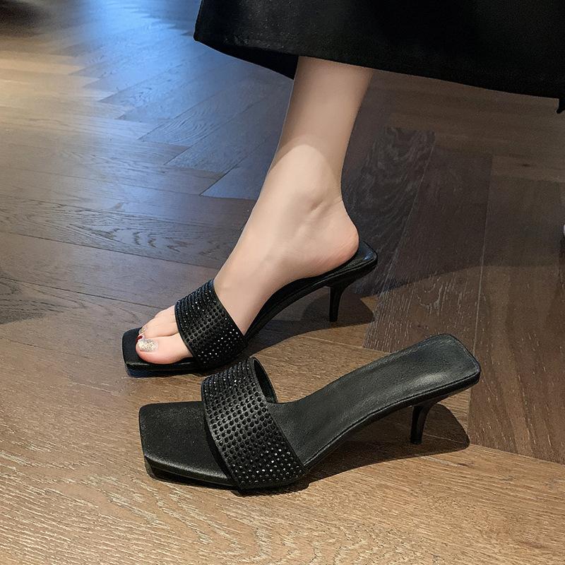 

Cool slippers women s 2025 summer new rhinestone square heel one-word drag open-toed sexy outer wear high-heeled sandals women 42