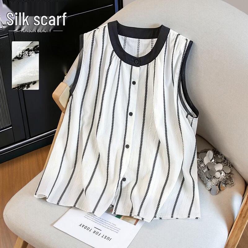 Women s Contrast Stripe Round Neck Loose Shirt M