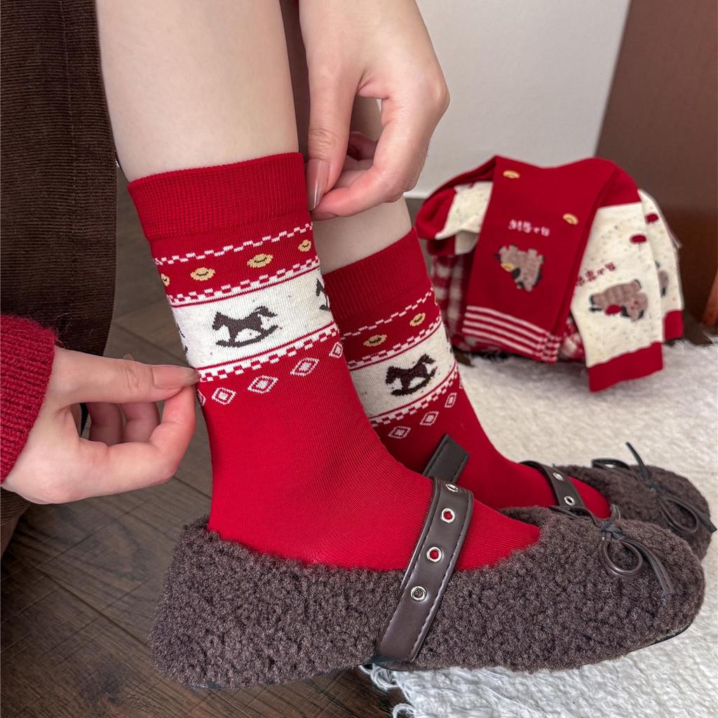 Women's Red Fair Isle Mid-Calf Christmas Socks - Year of the Horse Fashionable Scrunch Style
