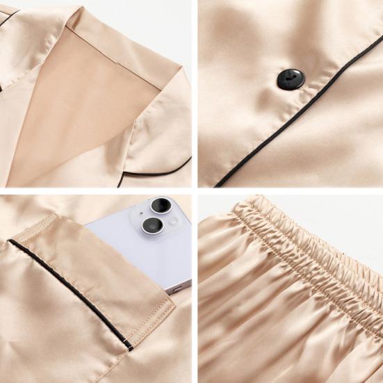 Yousheng 2 Pcs/Set Pajamas Suit Satin Single-breasted Cardigan Shirt V Neck Notch Collar Solid Color Shirt Wide Leg Loose Trousers Nighty Suit