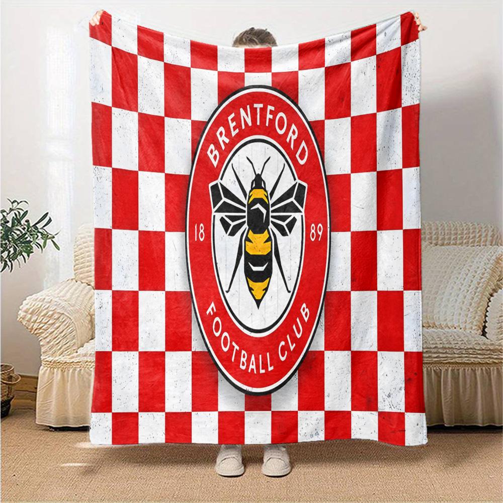 Brent-ford Football Club Crest Flannel Blanket, Soft Polyester, Modern Design, All-Season for Camping, Travel, Gifts for Holidays or Birthdays