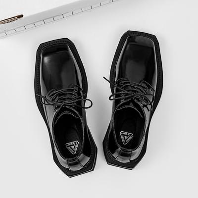 New Square Head Leather Shoes Women Casual Men Formal Dress Thick Bottom Loafers Lace-up Black British Business Work Shoes 44
