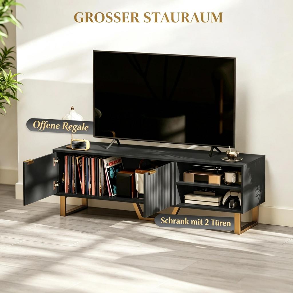 TV Cabinet for TVs Up To 70 Inches, TV Bench with 2 Fluted Doors, Open Compartment and Cable Passage
