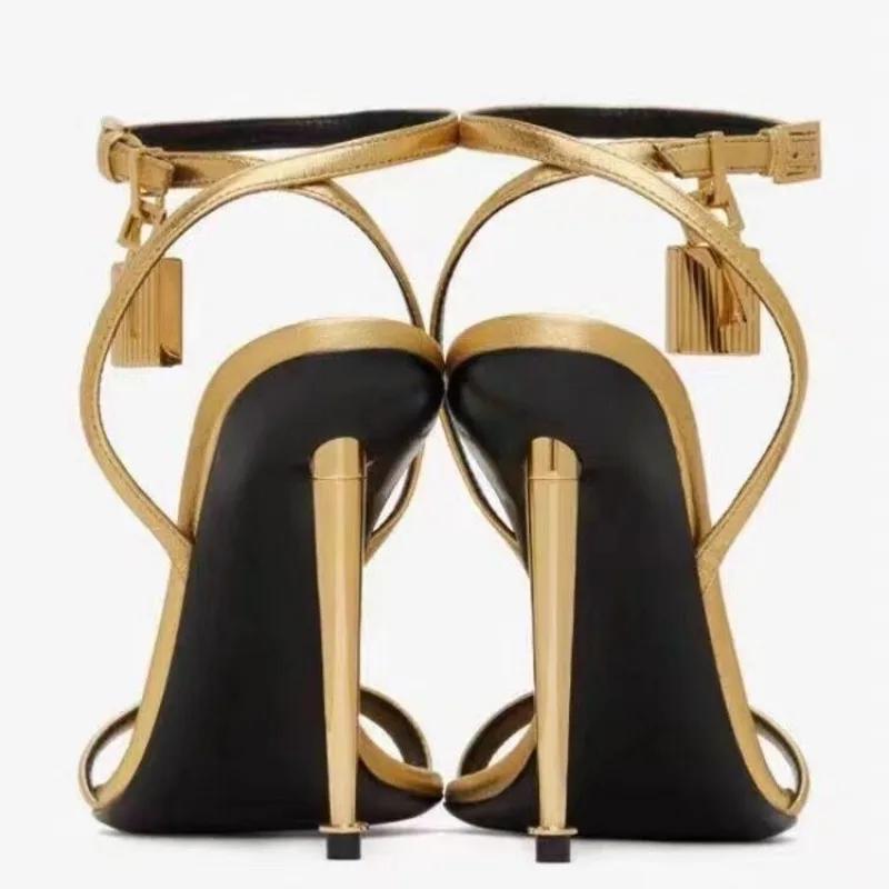 Fashion Summer New Concise 10cm High Heel Padlock Decorative Sandals European and American Fashionable Black Gold Women's Shoes 36-45