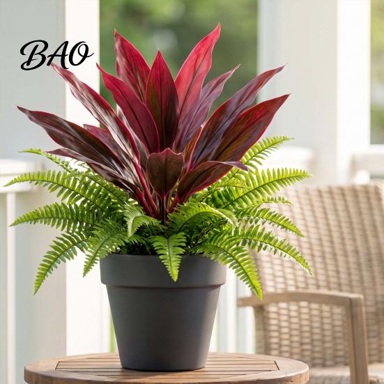 Spring Summer Seasonal Wreath Artificial Fern And Red Dracaena Plants, UV Resistant Decorative Faux Plant, Home Accents Realistic Plants for