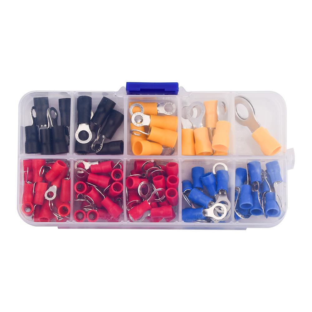 10 Sizes RV1.25/2/3.5/5.5 Ring Terminal Insulated Connector Circle-Shaped Wire Copper Cold Press Block Lug 102PCS AWG10-22