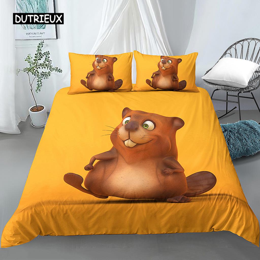 Bettbezug mit Cartoon-Biber, King-Size-Bett, schöne Tier-Bettwäsche-Set, für Kinder, Mädchen, Wildtiere, Polyester, Bettbezug, Kissenbezug