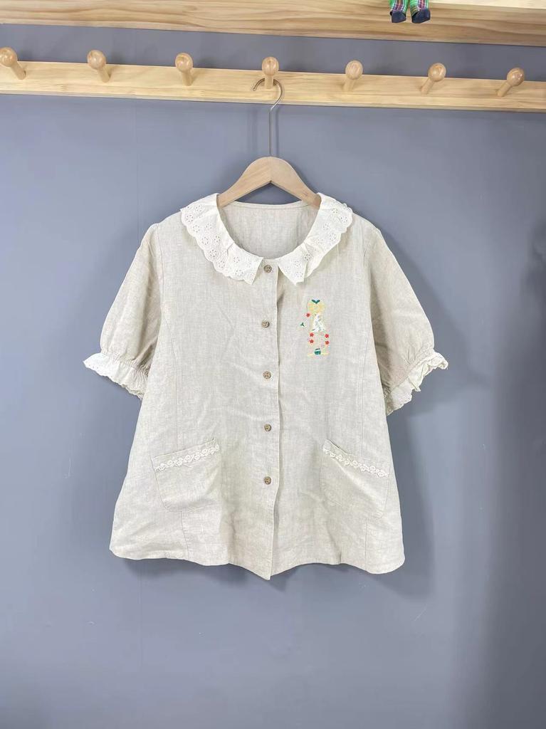 Special Fresh Big Collar Embroidered Loose and Thin Shirt New Mori Japanese Fairy Version Maillard Wear