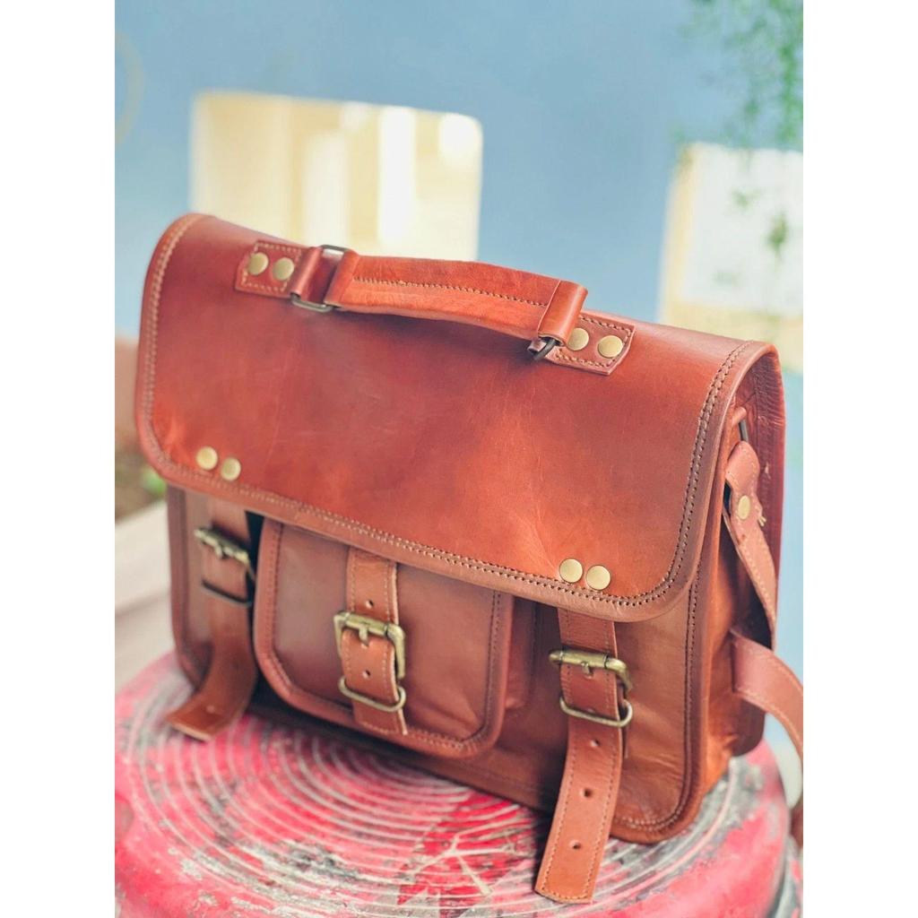 Real Goat Leather Vintage Brown Messenger Shoulder Laptop Bag Briefcase