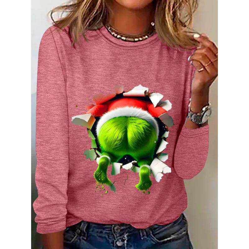 Rundhals 3D-bedrucktes lustiges Weihnachts-Dschinni-Muster Top Modische lässige langärmelige Damen-T-Shirts
