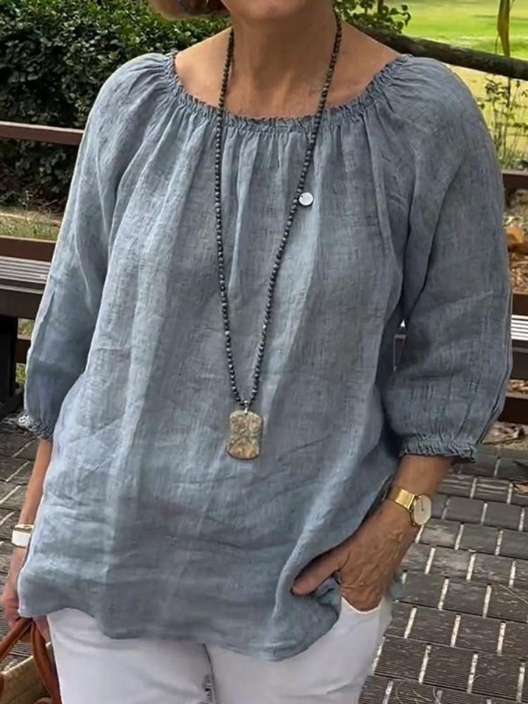 Solid color round neck mid sleeve cotton linen casual top
