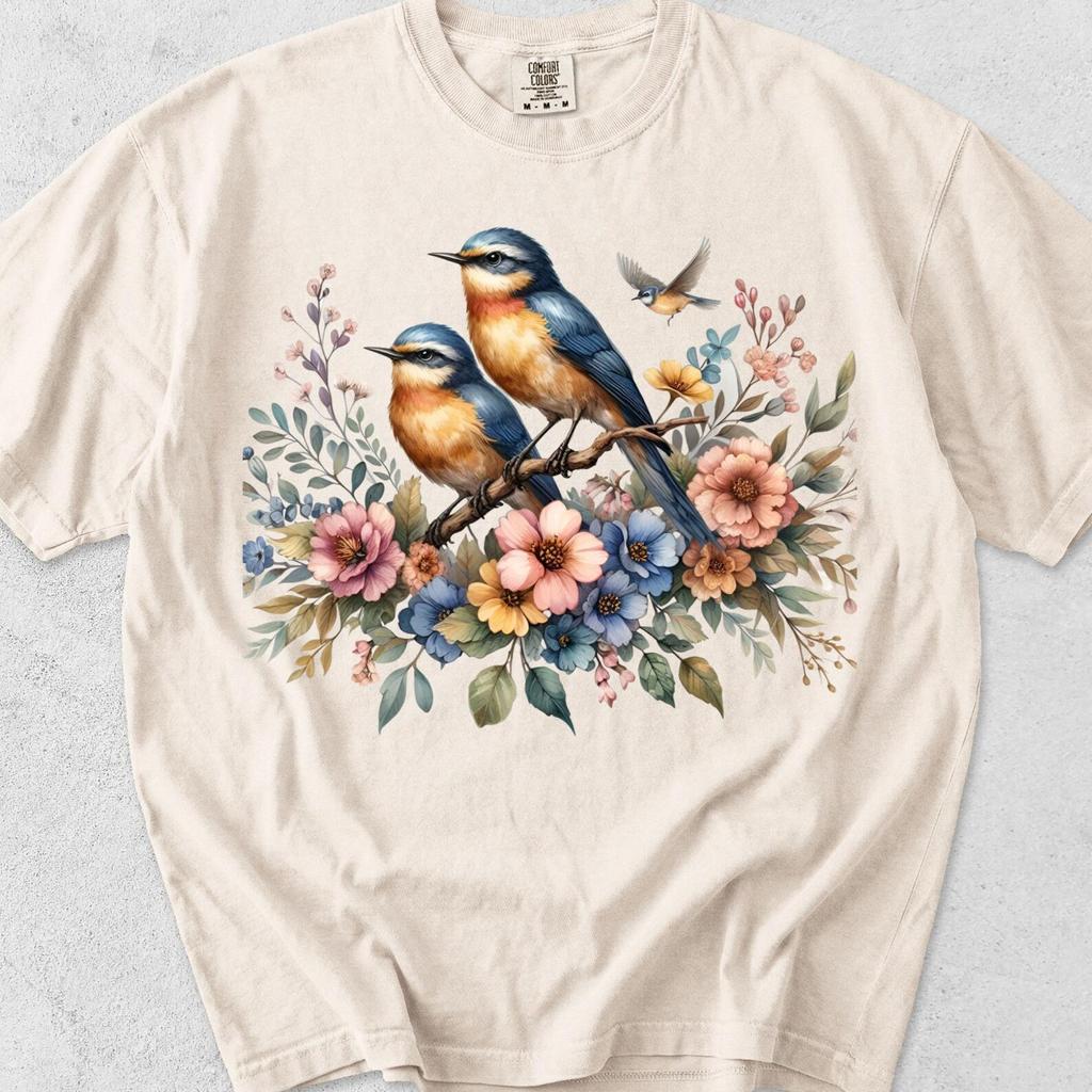 Comfort Colors Floral Bluebird Shirt, Spring Birds T-Shirt, Animal Lover Tee