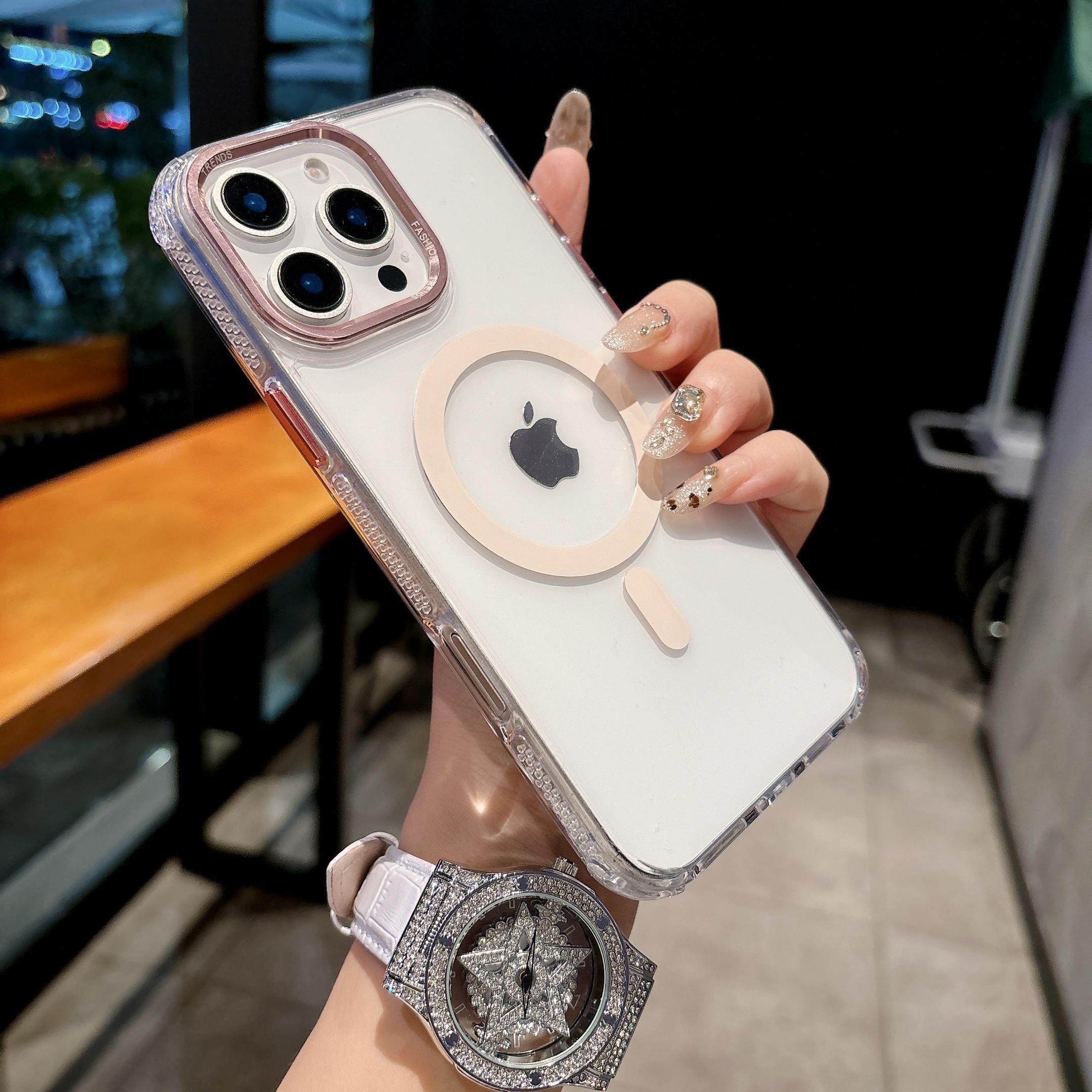 

For iPhone 16 Pro Max Magnetic Case PC TPU Shockproof Protection Phone Cover Compatible with Magsafe Transparent Pink