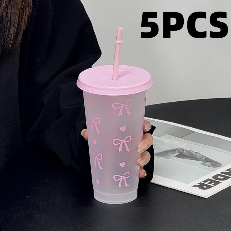 

20Pcs Bowknot Plastic Cup with Straw Lid for Ice Coffee Juice Tea Plastic Cup Portable Drinking Bottle Valentine s Day Gift