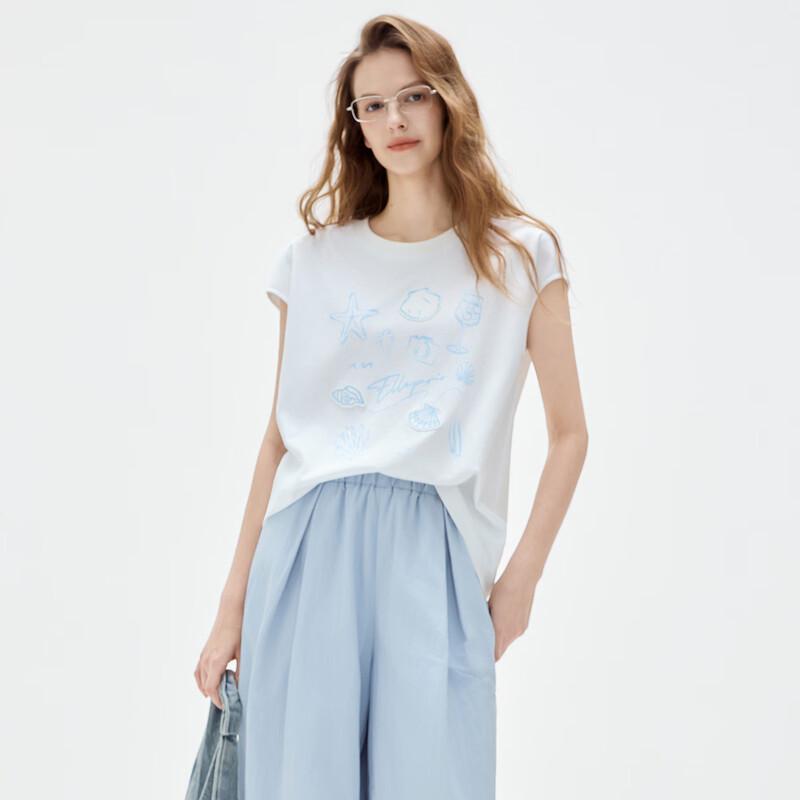 ELLE Women's Embroidered Cotton Round Neck T-Shirt