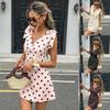 Women Casual Polka Dot Print V Neck Sleeveless Bow Tie Mini Dress Bodycon Summer Dress