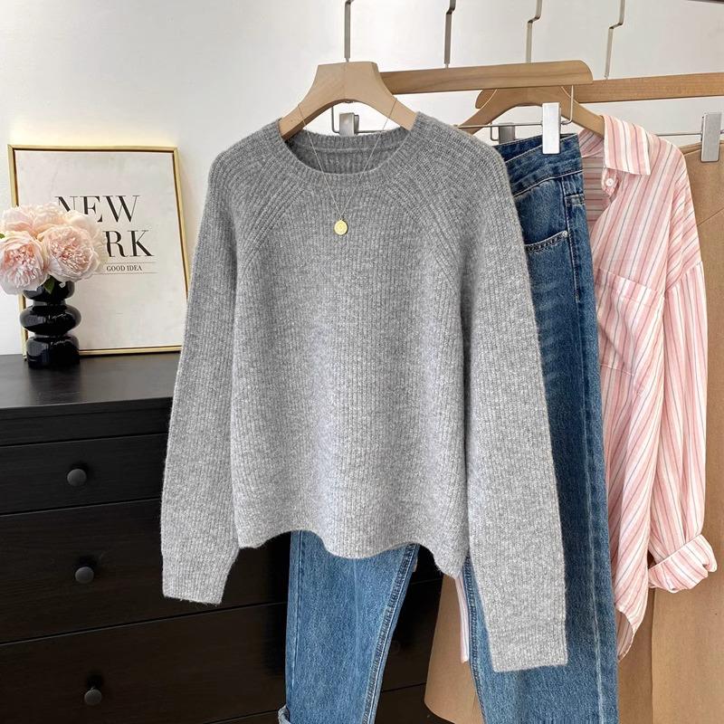 Damen Raglanärmel Rundhals Strickware - 2025 Herbst/Winter Layering Pullover, Lässiger Stil Top