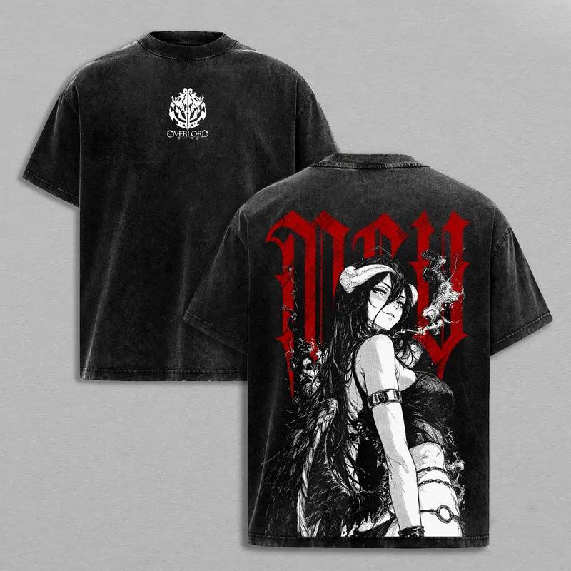 Anime Overlord Albedo Printed Tee Men Women Short Sleeve Cotton Tshirts Vintage Washed T-shirt Harajuku Male Oversized T Shirt