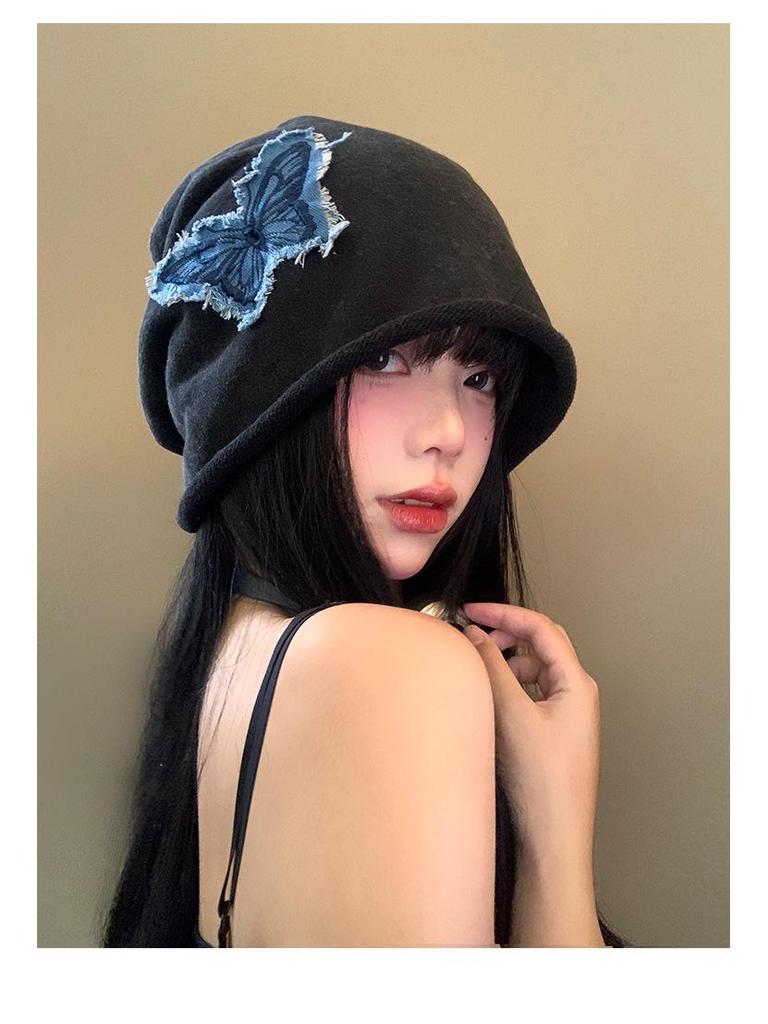 Women's Butterfly Retro Knitted Hat - Autumn/Winter Warm, Solid Color, Rolled Edge Pullover, Small Face Enhancing Design