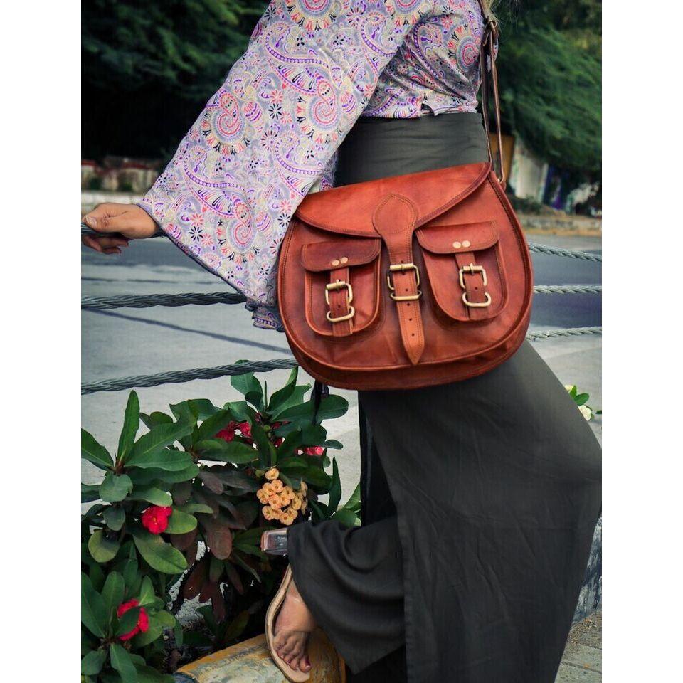 Real Goat Leather Vintage Crossbody Purse Women's Satchel Handmade Shoulder Bag