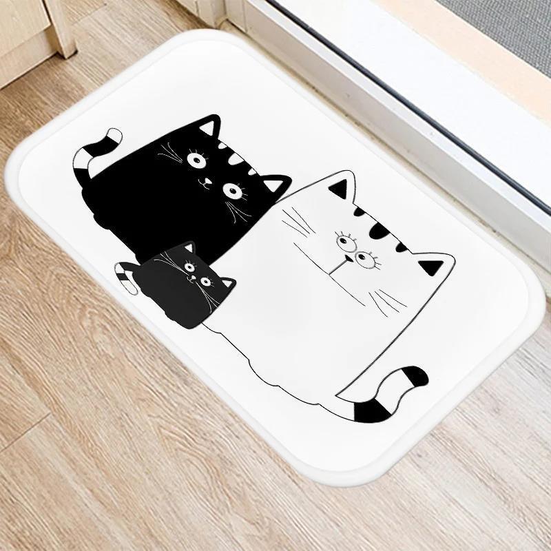 Cute Cartoon Cat Faces Carpet Black White Kawaii Minimalist Home Decoration Rug Kitchen Balcony Living Room Non-slip Floor Mat