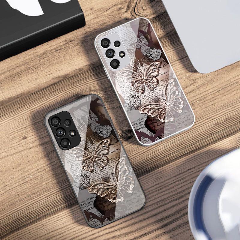 Vintage Schmetterling für Samsung Galaxy S10 4G S20 11E 30 S21 22 S24 Fe Pro S23 S25 Ultra 5G S9 Gehärtetes Glas Handyhülle