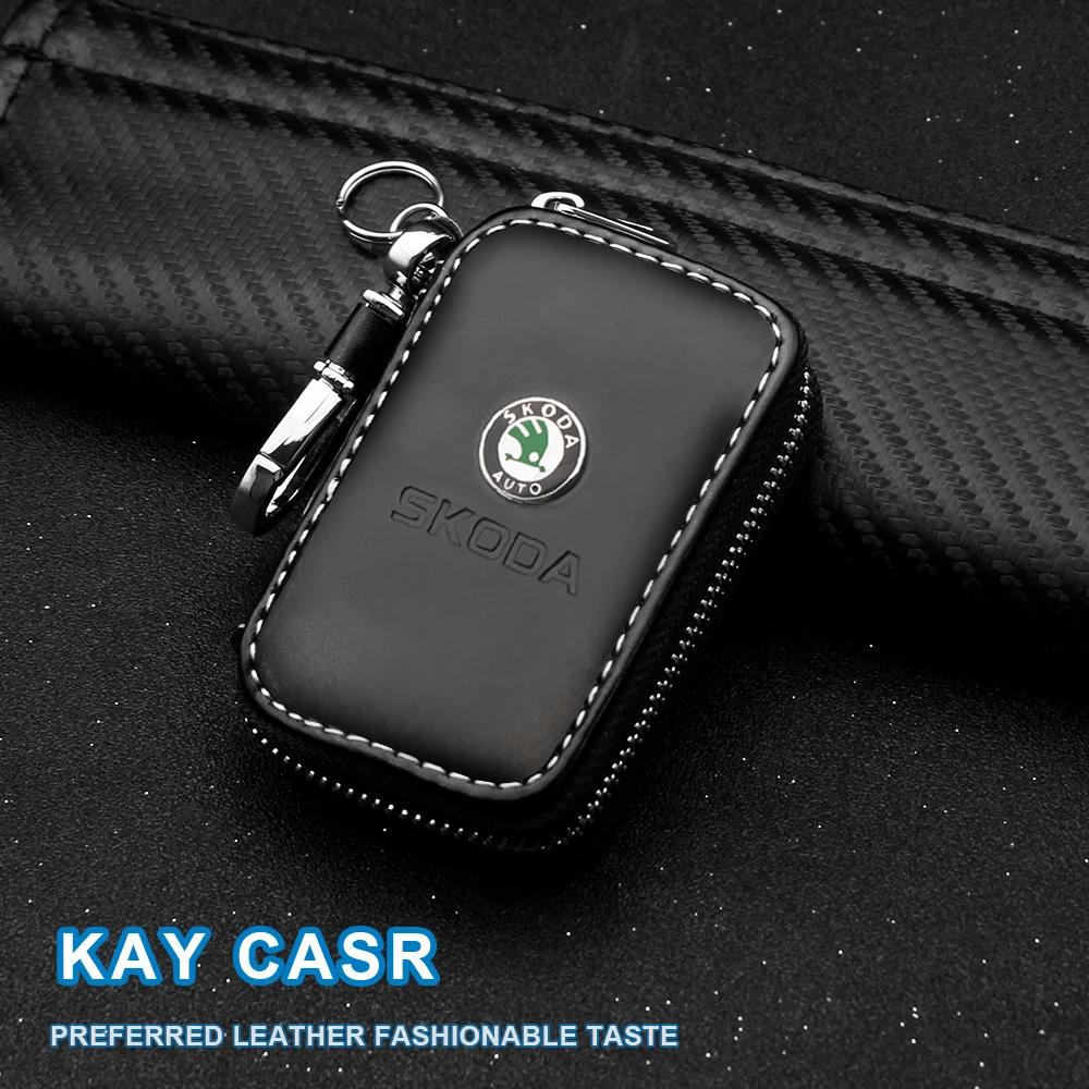 AEL1 1PCS Car Leather Key Case styling Keychain Genuine Leather  Car Logo Key Chain Bag Skoda Karoq Kamiq Fabia Yeti VRIS Octavia a5