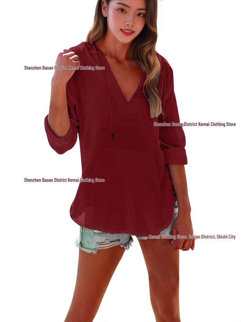 European & Asian 2025 Spring/Summer Women's V-Neck Long Sleeve Beach Hoodie with Pocket