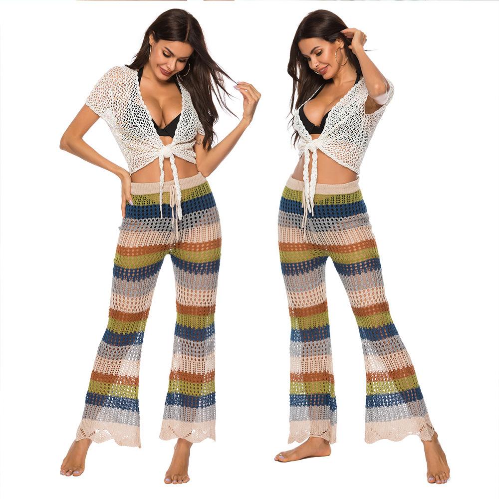 Women's Pants Flared Leg Hollowed Out Trousers Knitted Lace Up Beach Pants