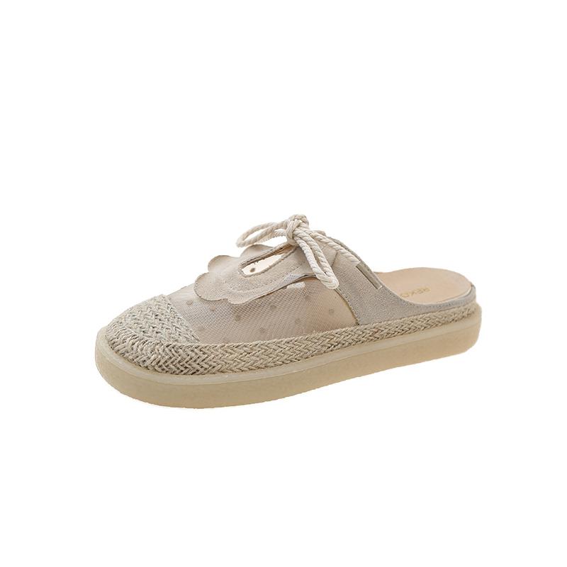 Fashion Fashion Mesh Wrapped Half Slippers Women's New Round Toe Shallow Mouth Splicing Front Lace-up Soft Sole Non-slip Flat Shoes