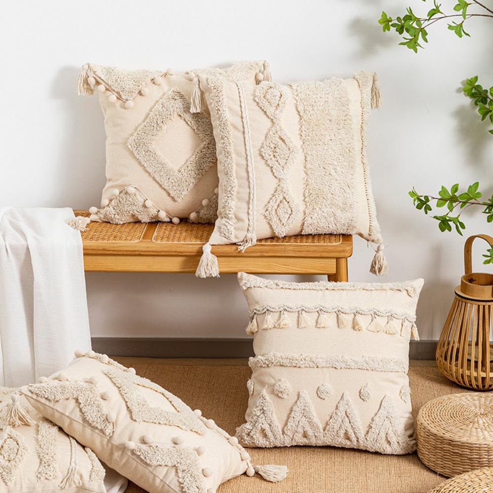 Vintage Bohemia Throw Pillow Cover Geometric Pattern Pillowslip Tufted Fringed Cushion Cover  Sofa