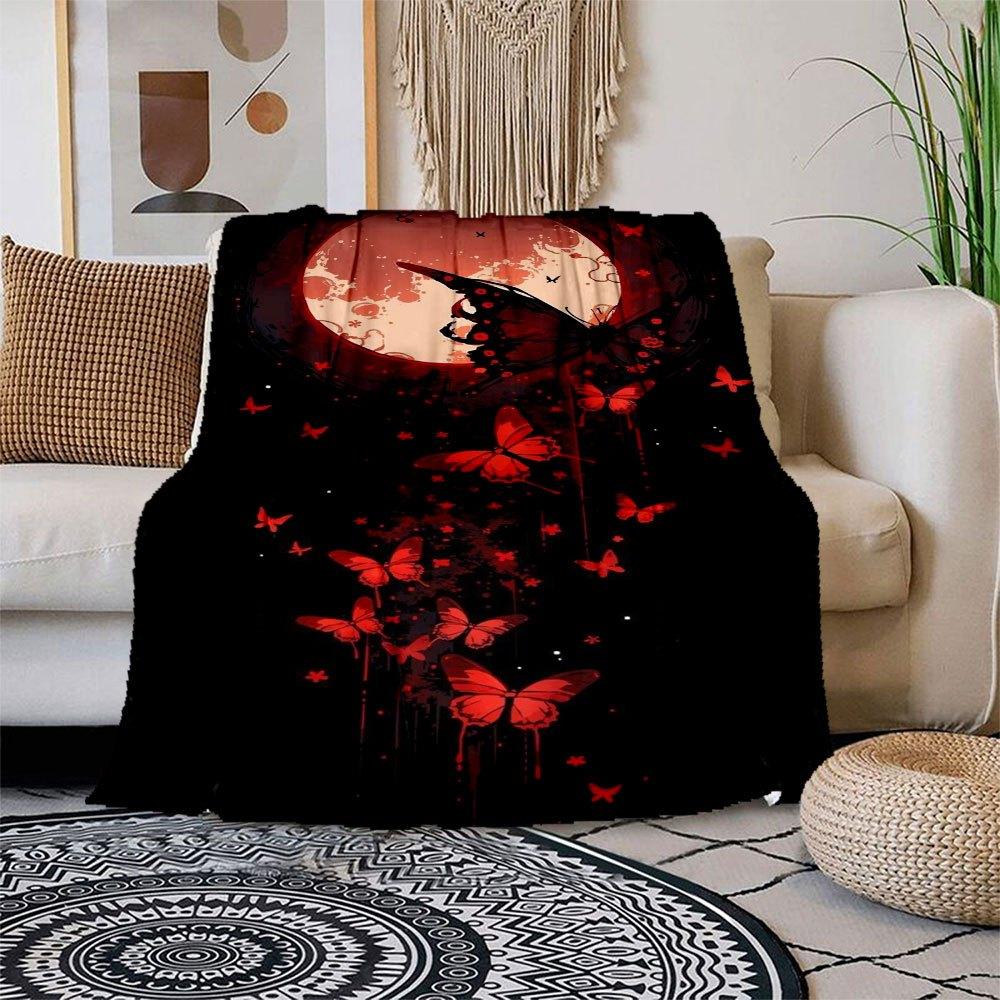 "Red Butterfly Moonlit Night Wall Art Print"Blanket Flannel Throw Blanket for Sofa, Bed, Travel, Camping, Office