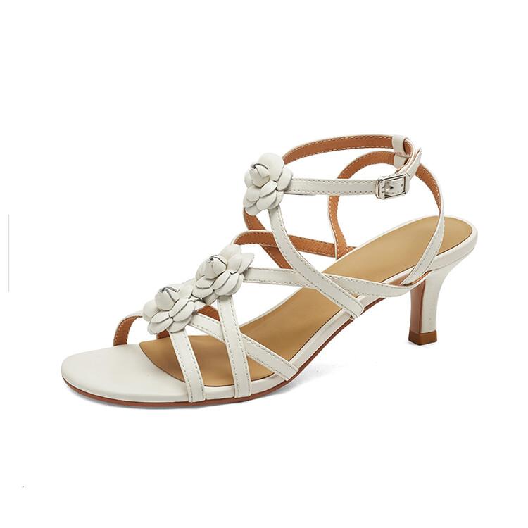 Fashion New Summer Sandals Split Leather Shoes for Women Fashion Flower Round Toe High Heels Shoes Women Ladies Shoes Zapatos De Mujer