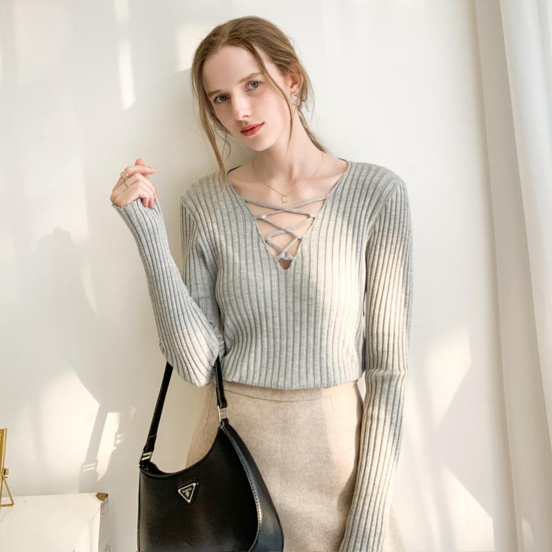 Autumn V-Neck Cross Mesh Strap Sweater - European & American Style Long Sleeve Slim Knit Top for Women