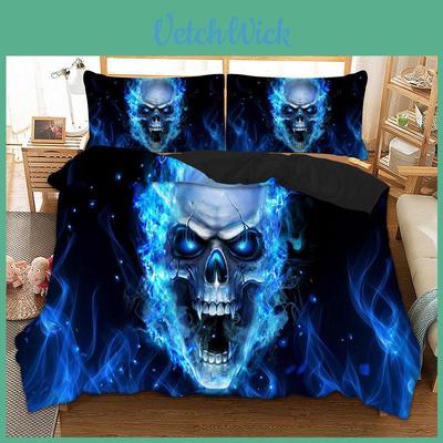 Premium 3d Blue Fire Skull Duvet Cover Pillow Cases Quilt Cover Bedding Set For All Sizes