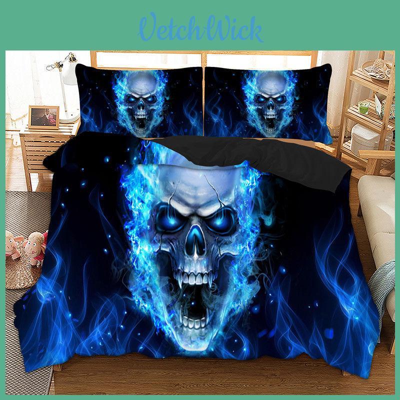 Premium 3d Blue Fire Skull Duvet Cover Pillow Cases Quilt Cover Bedding Set For All Sizes