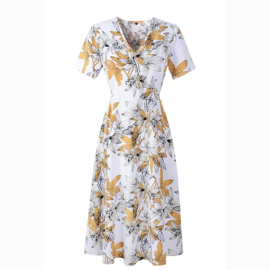 Kadın Yaz Rahat V Yaka Kısa Kollu Salıncak A Hattı Şifon Baskı Şık Uzun Elbise S-XL