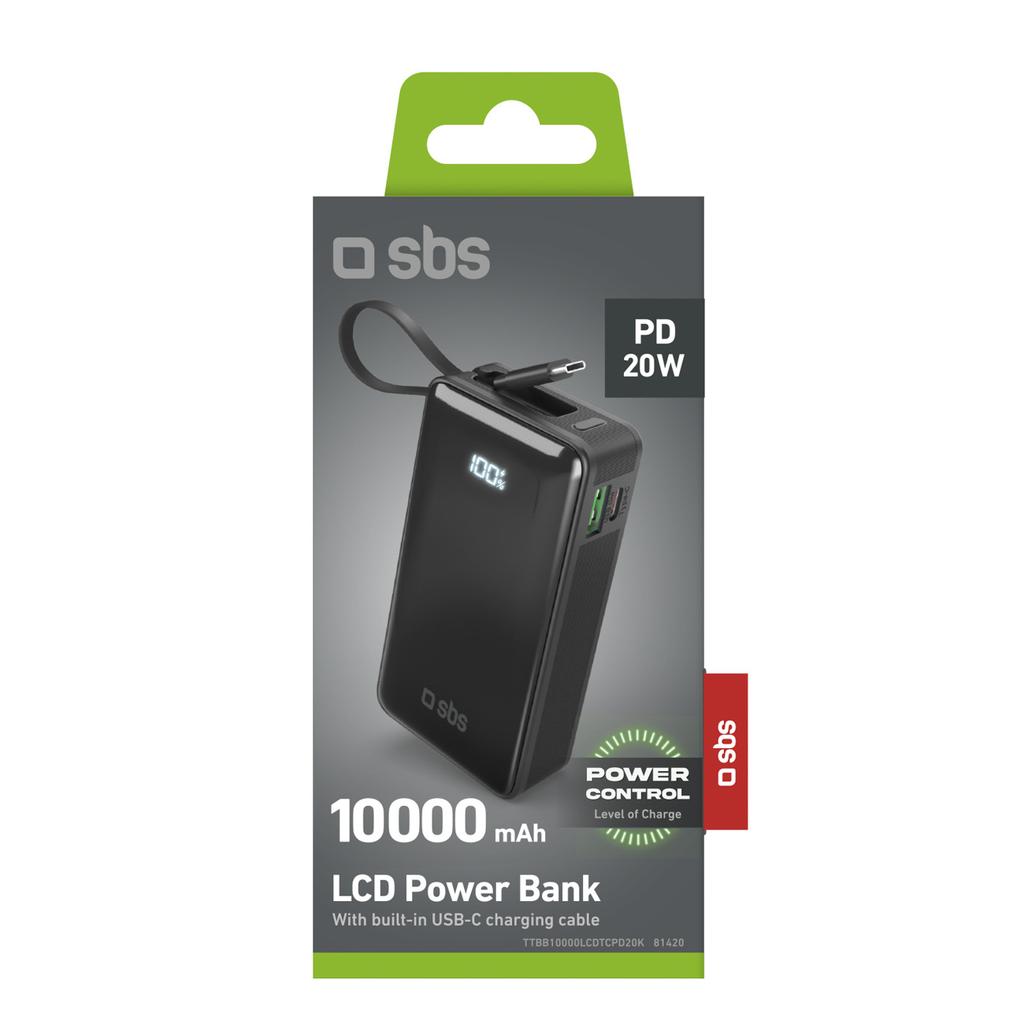 Powerbank 10000mAh USB-A USB-C z wyświetlaczem wbudowanym kablem USB-C 20W - czarny