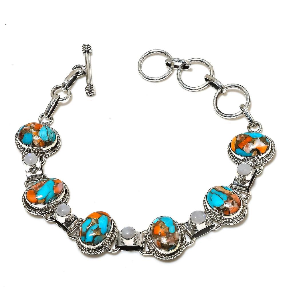 Orange Spiny Oyster, Moonstone Adjustable 925 Sterling Silver Bracelet, Boho Silver Jewelry Bracelet, Gifts For Valentine Gifts For Her